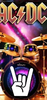 Rock band drum set with cosmic galaxy background.