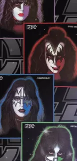 Illustrations of a classic rock band with vivid makeup on a black background.