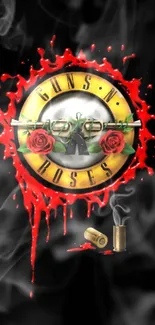 Rock band emblem with roses and guns on a smoky black background.