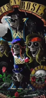 Rock band skull art on dark background with vibrant colors.