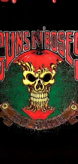 Edgy rock band skull art with red and green colors on black background wallpaper.