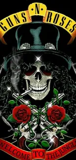 Rock-themed skull and roses on black background wallpaper.