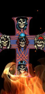 Mobile wallpaper with skulls in a cross on a fiery background.