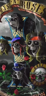 Guns N' Roses rock band skulls wallpaper with bold colors and gothic style.