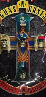 Rock band themed wallpaper with vivid skull art and cross design.