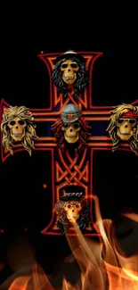 Mobile wallpaper featuring a skull-themed cross with a fiery background.