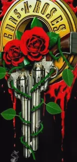 Rock-themed wallpaper with roses and guns on black background.