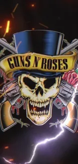 Rock-themed wallpaper with skull, guns, and roses design.