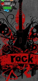 Rock guitar and skull art wallpaper with red and black theme.