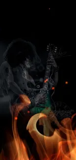 Rock guitarist with fiery flames background.