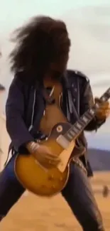 Guitarist passionately playing in an open field with a church in the background.