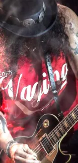 Vibrant rock guitarist in red tank top playing electric guitar on stage.