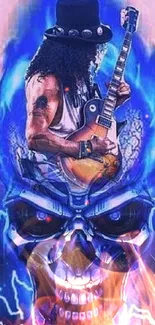 Rock guitarist with a blue skull and fiery design wallpaper.