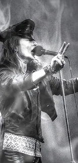 Black and white image of a rock singer energetically performing on stage.