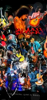 Vibrant collage of rock legends with guitars and dynamic energy.