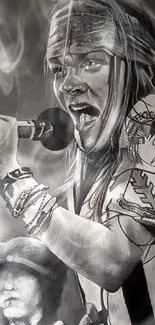 Black and white artwork of a rock singer performing live on stage.