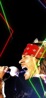 Rock legend singing with neon lights background.