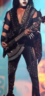 Rock musician performing in striking outfit on stage.