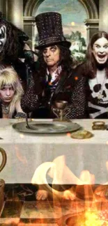 Rock legends gather in a Last Supper-inspired artistic scene.