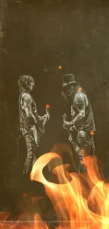 Rock legends on stage with fiery orange flames.