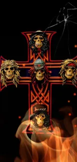 Vibrant rock cross wallpaper featuring skulls and fiery background.