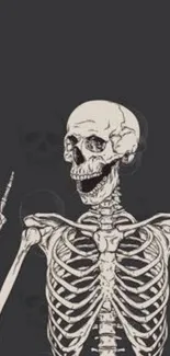 Skeleton with rock sign on dark gray background.