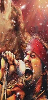 Artistic depiction of a rock singer performing with passion in vibrant red tones.