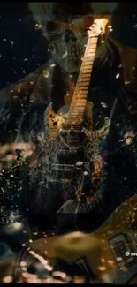 Edgy skull with guitar rock-themed wallpaper.