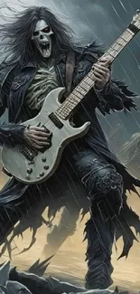 Skeleton guitarist in the rain, electrifying rock art.