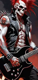 Skull-faced punk rocker with guitar and red mohawk.