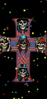 Rock-themed mobile wallpaper with skulls on a cross.