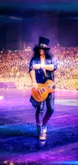 Rock star with guitar on stage, vibrant purple and gold hues.