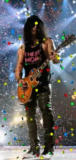 Guitarist performing on stage with confetti and lights.