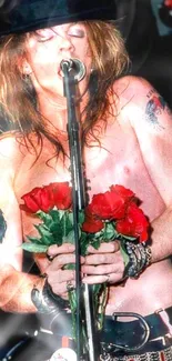 Rock star singing with red roses and a microphone on stage.