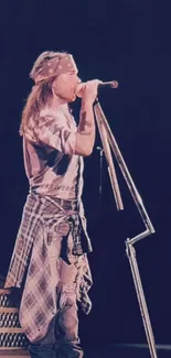 Rock star performing on stage with a microphone, dressed in vintage style.