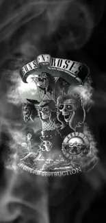 Black and white rock themed wallpaper with skeletons and smoke.