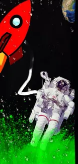 Astronaut with rocket in space, vibrant wallpaper.