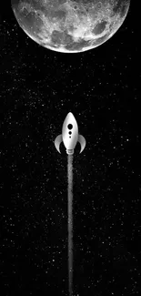 Rocket flying towards the moon in starry black and white space.