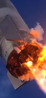 Dynamic rocket launch with flames against a blue sky.