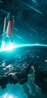 Rocket launching into starry teal space above Earth.