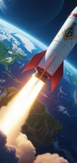 Rocket launching into space above Earth, viewed from space.