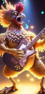 Vibrant chicken playing guitar with glowing lights, perfect for music fans.