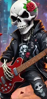 Skeleton with guitar in neon cityscape.