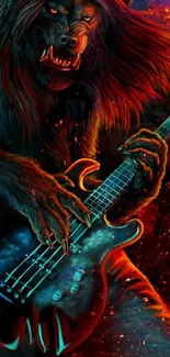 Werewolf playing electric guitar in fiery art.