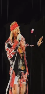 Rockstar singing with a vibrant outfit on a dark background.