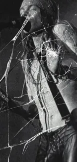 Black and white image of a rockstar with cracked glass effect.