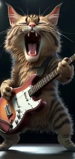 Rockstar cat plays guitar on stage in animated mobile wallpaper.
