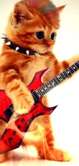 Cute punk-style cat playing guitar mobile wallpaper.