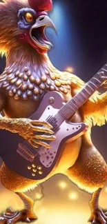 A vibrant chicken rockstar playing guitar on a colorful stage.