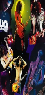 Collage of rockstars and guitars on a vibrant phone wallpaper.